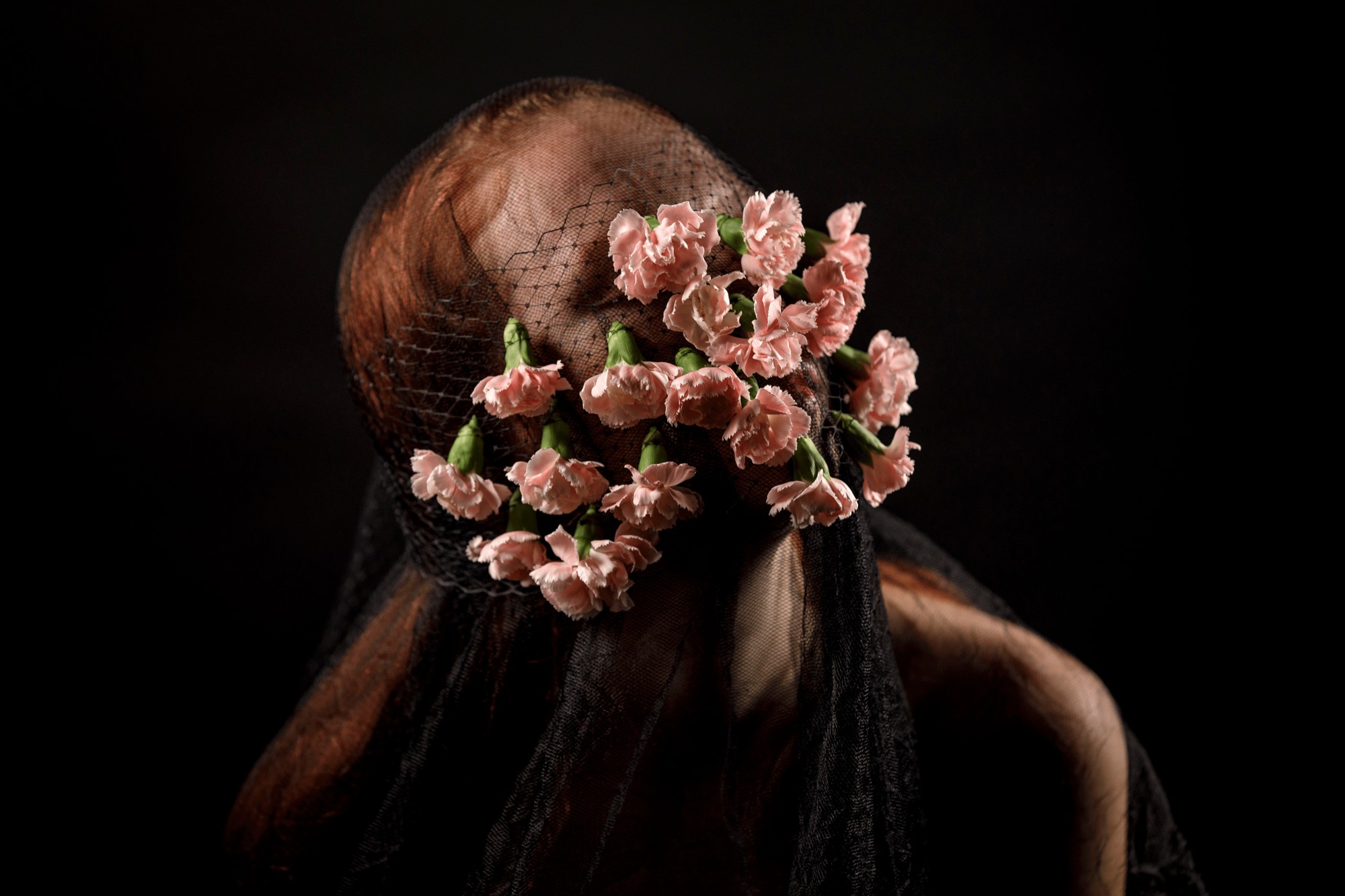 Timeless Elegance: a backlit figure with pink flowers cascading down her hair